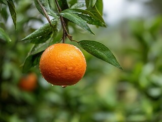 Freshly picked orange hanging from a branch.