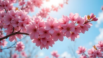 Horizontal Banner with Pink Sakura Flowers on Sunny Backdrop for Elegant Spring and Floral Design