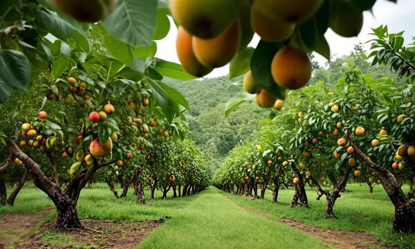Rows of Ripe Mango Trees in a Lush Garden in a Beautiful Landscape