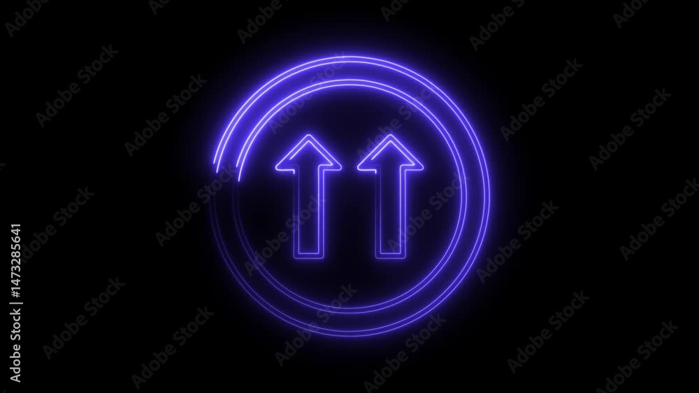 Poster neon glowing arrows pointing upwards inside a circle frame on a black background