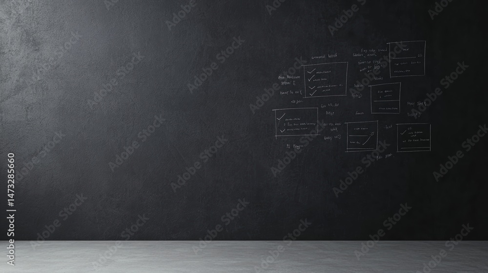 Poster minimalist black chalkboard wall with flowchart diagrams and checklists drawn in chalk on the right 