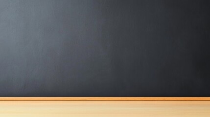 Empty black chalkboard with a wooden ledge, ready for writing or drawing, commonly used in classrooms or educational settings.