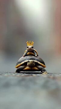 Tiny frog with a crown sits atop a small turtle
