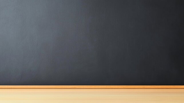 Empty black chalkboard with a wooden ledge, ready for writing or drawing, commonly used in classrooms or educational settings.