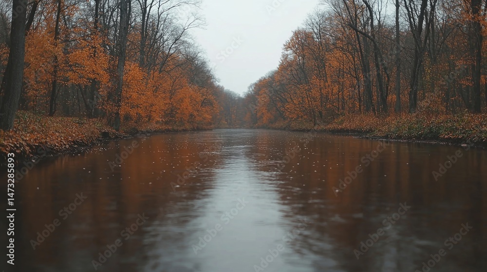 Poster a calm river flows through a forest with autumn-colored trees and a cloudy sky, creating a peaceful,