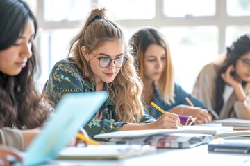 A young woman wearing glasses and a floral shirt, sitting at a table with a laptop and writing notes in a notebook.