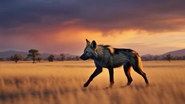 A painted african wild dog walking through a golden field at sunset with a cloudy sky above it