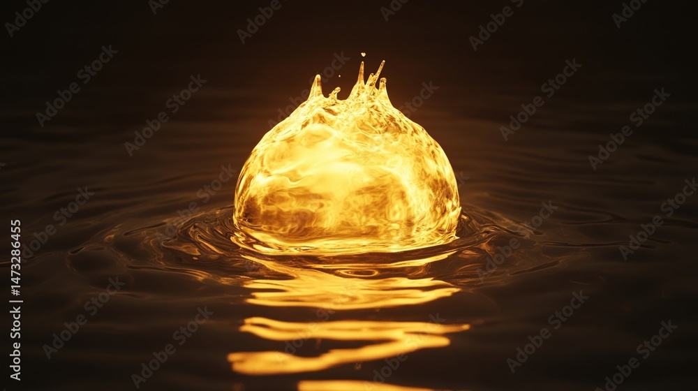 Poster a glowing golden splash rises from a dark liquid surface, creating radiant reflections and dynamic r