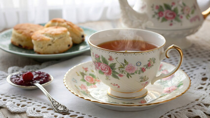 Fototapeta premium Steaming cup of tea in floral porcelain teacup with saucer, accompanied by scones, jam, and lace tablecloth, creating cozy atmosphere