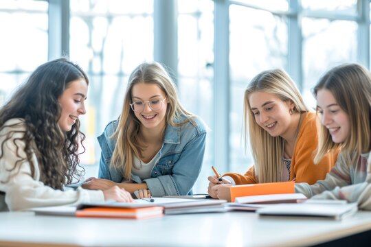 Four students sitting at a table in a classroom, engaged in a collaborative study session.