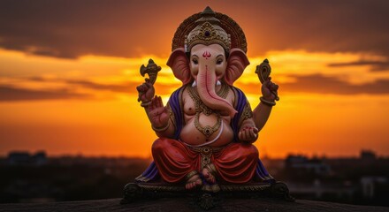 Obraz premium Sitting Statue at Dusk with Golden Sky and Ornamented Details