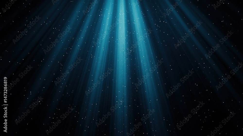 Poster blue light rays stream through darkness, illuminating floating particles and creating a mystical, st
