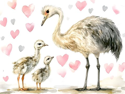 A loving adult rhea stands protectively beside her two fluffy chicks amidst a shower of delicate pink and grey hearts.