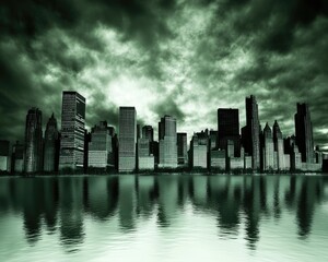 Dark, stormy cityscape reflected in still water