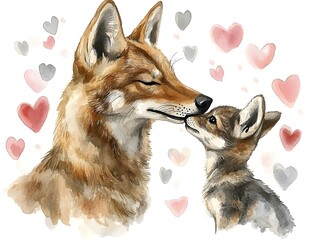 A heartwarming watercolor painting depicts a loving mother coyote tenderly nuzzling her adorable little pup surrounded by delicate pink and gray