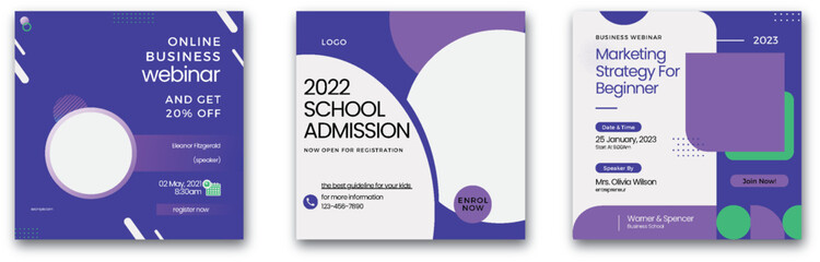 Online business webinars and school admissions graphic design template