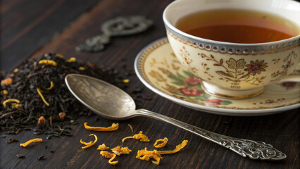 Vintage teacup filled with black tea sits on dark wooden table, accompanied by loose tea leaves, orange peel, and silver spoon
