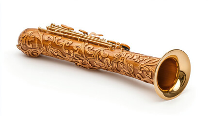 Obraz premium Ornate woodwind instrument with gold-plated bell, showcasing intricate carvings