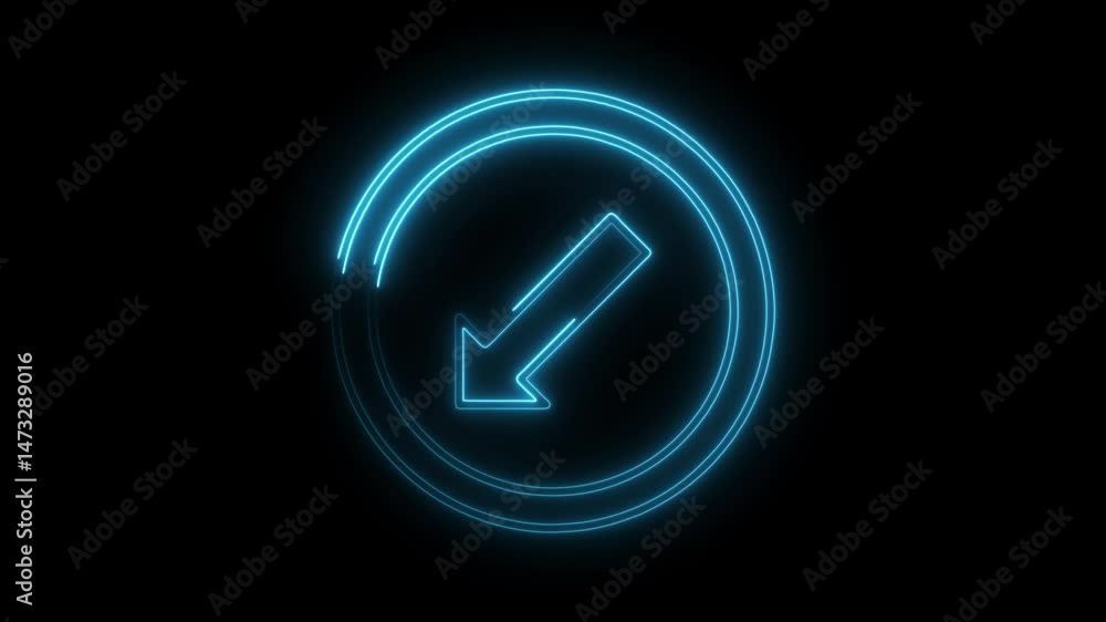 Poster glowing neon arrow pointing down inside a circle on a black background animation