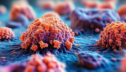 Microscopic view of cancer cells, detailed 3D medical illustration of tumor growth on tissue surface