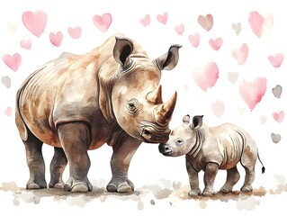 Fototapeta premium A watercolor painting of a mother rhinoceros and her adorable baby calf surrounded by delicate pink hearts.