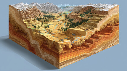 Detailed isometric 3D illustration of a canyon landscape with exposed geological layers, rivers, forests, and mountains in cross-section view.
