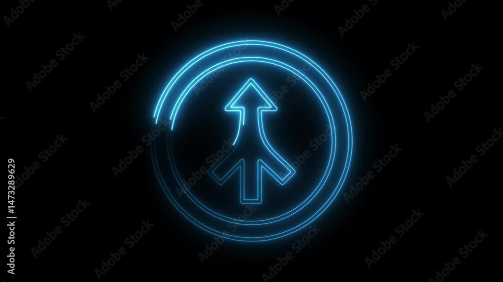 Poster neon glowing arrow converging and unifying in a circle on black background animated motion