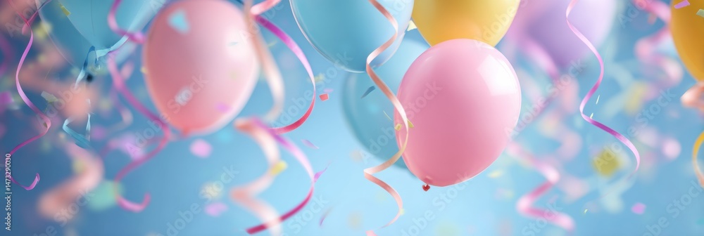 Poster balloons and ribbons float in the air, creating a festive atmosphere at a celebration during a sunny