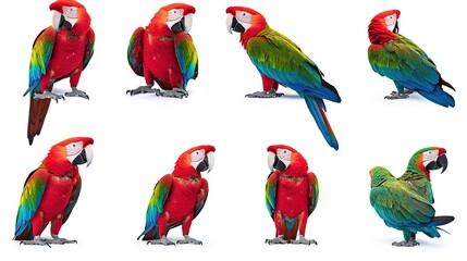 Naklejka premium Collection of Eight Realistic Red and Green Macaws in Various Poses: Isolated on White Background. Vibrant and Lifelike Avian Display.