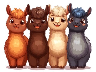 Obraz premium Four adorable cartoon alpacas stand together in a row showing different fur colors and happy expressions.