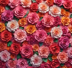 Obraz premium Multi-sized paper roses, colorful gradient, floral wall, colorful rose wall, flower