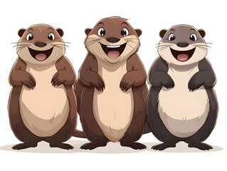 Fototapeta premium Three adorable cartoon otters stand together smiling happily in a playful illustration perfect for children's books or websites.