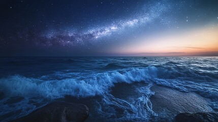 Fototapeta premium Ethereal Beauty of a Cosmic Ocean at Twilight Under Starry Skies. A Surreal and Enchanting Natural Phenomenon.