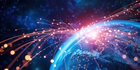 A vibrant, colorful, abstract digital artwork depicting a globe with a network of glowing, flowing lines and dots against a dark, starry background.