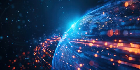 A blue and orange light trail forming a spiral pattern around a glowing blue planet with a black background.