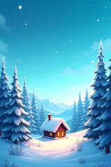 Naklejka premium Winter's Embrace: A picturesque, cozy cabin nestled amidst a snow-laden forest, bathed in the soft glow of twilight, evoking a sense of peace and tranquility.