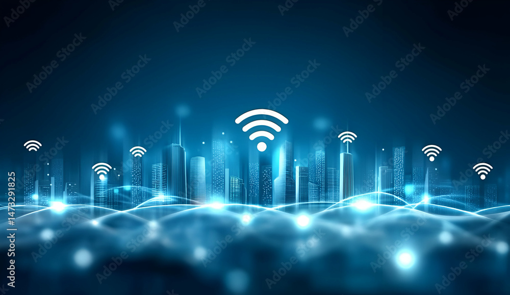 Poster digital network concept with wireless signals and urban skyline design, showcasing the connection of