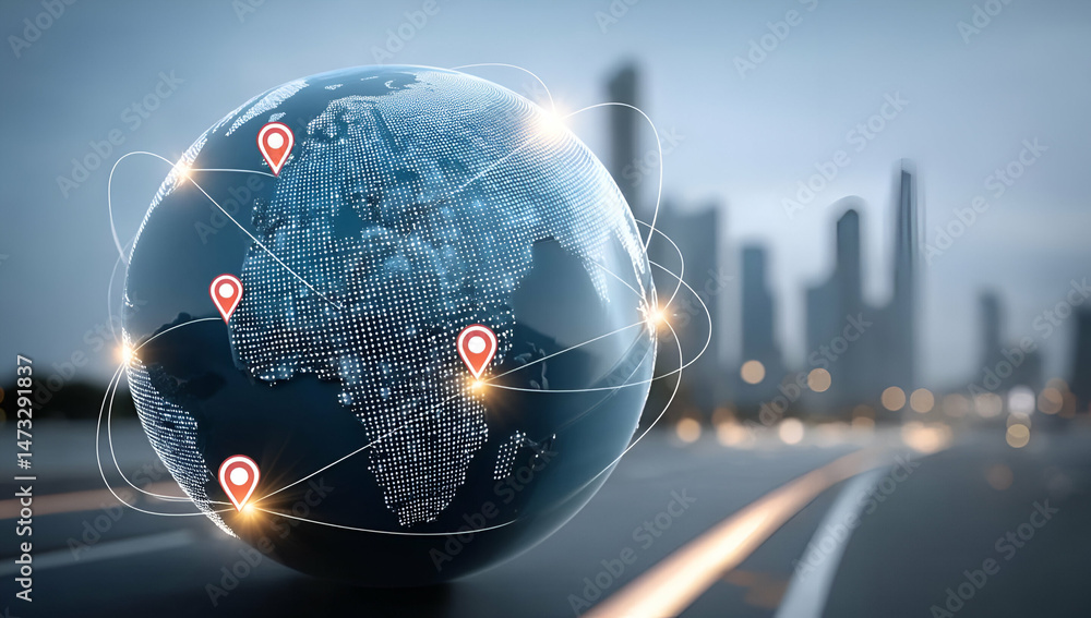 Poster a digital globe with location markers symbolizing connectivity and global networks against a modern 