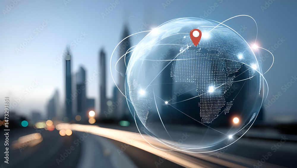 Poster a futuristic urban skyline with a globe connected through digital networks, symbolizing global commu