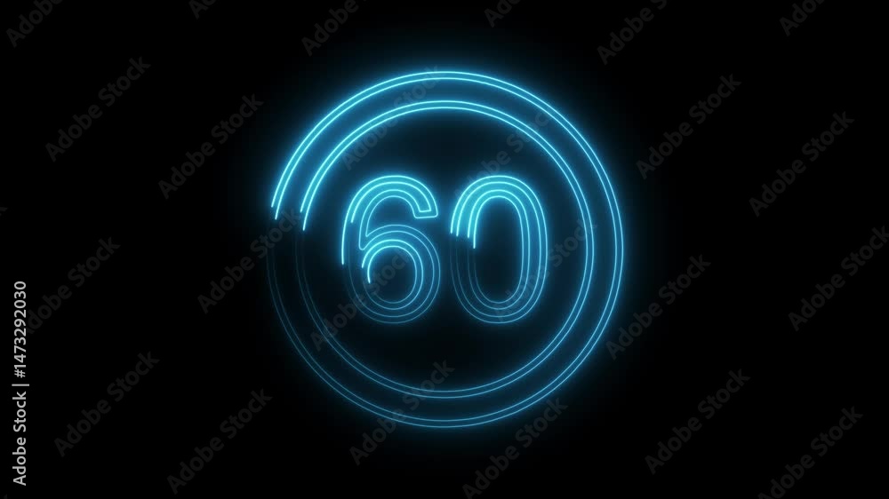 Poster neon 60 seconds countdown timer animation with circular glowing lines on black background
