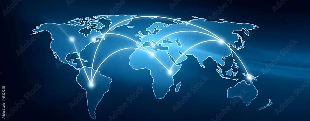 Poster a digital map of the world showcasing global connectivity through network connections and data flow.