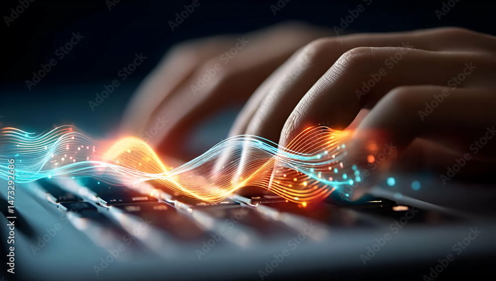 Poster a close-up view of hands typing on a keyboard, surrounded by vibrant waves of colorful digital light