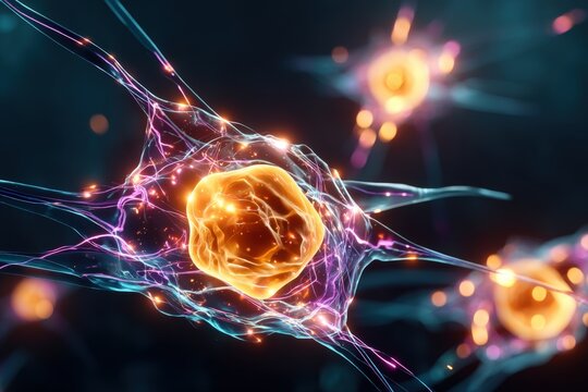 Human cell nucleus with chromatin and nucleolus glowing softly.