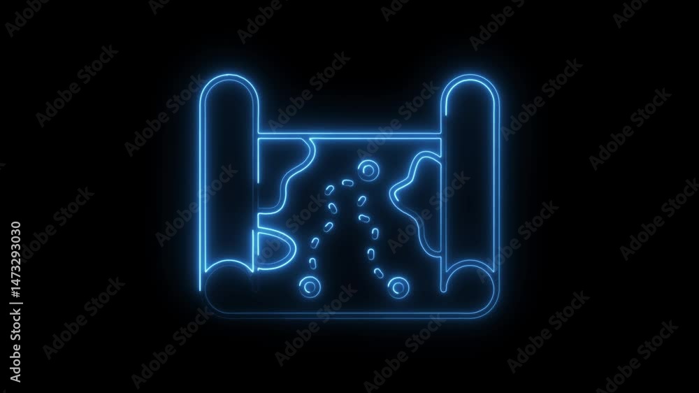 Poster glowing neon treasure map animated icon on dark background exploring adventure and discovery visuali
