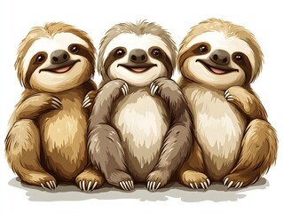 Three adorable cartoon sloths sitting together smiling happily in a cute illustration perfect for kids apparel and prints.