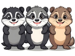 Obraz premium Three adorable cartoon baby raccoons stand together smiling cheerfully in a cute illustration perfect for children's books or prints.