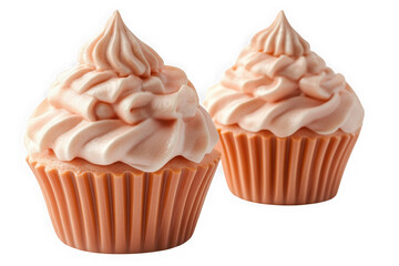 Two delicious looking pink frosted cupcakes in orange liners, sweet treat confectionery, isolated on transparent background