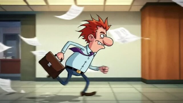 Cartoon businessperson running to catch an elevator, papers flying, corporate building lobby, fast tracking shot, morning, comedic lighting, slapstick cartoon style