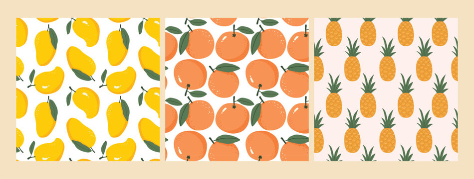 Summer tropical fruits orange, pineapple and mango seamless pattern set.