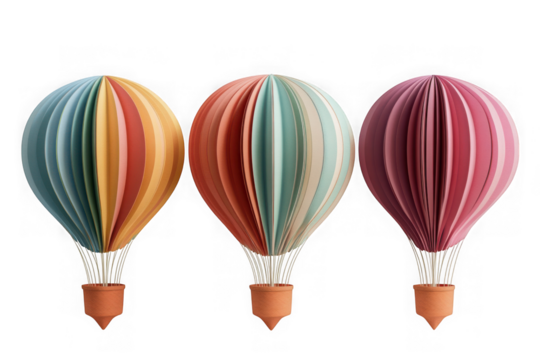 Three colorful paper hot air balloons with striped design and small baskets, perfect for decoration and celebration isolated on transparent background
